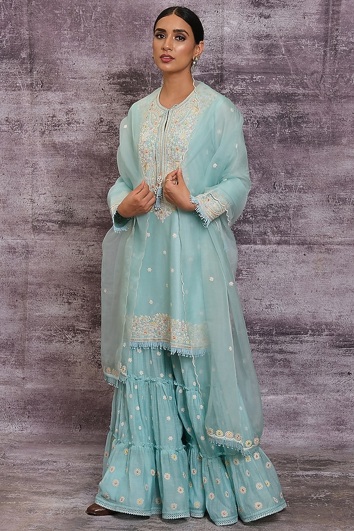 Light Blue Chanderi Embroidered Wedding Sharara Set by Niti Bothra at Pernia's Pop Up Shop