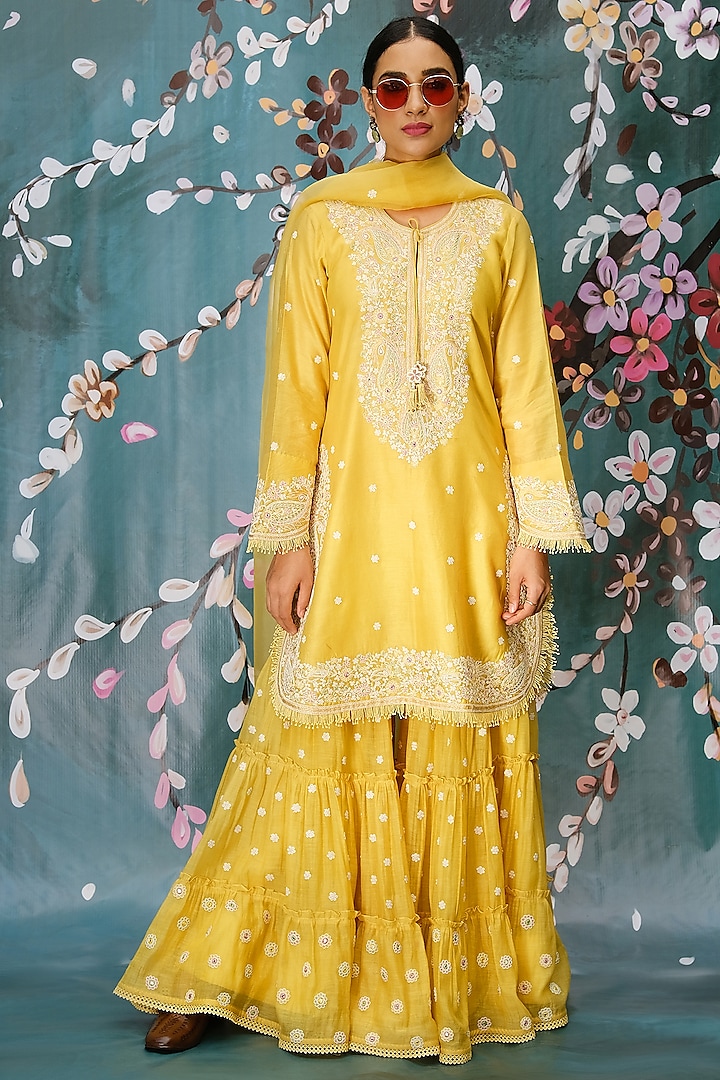 Yellow Chanderi Embroidered Wedding Sharara Set by Niti Bothra at Pernia's Pop Up Shop