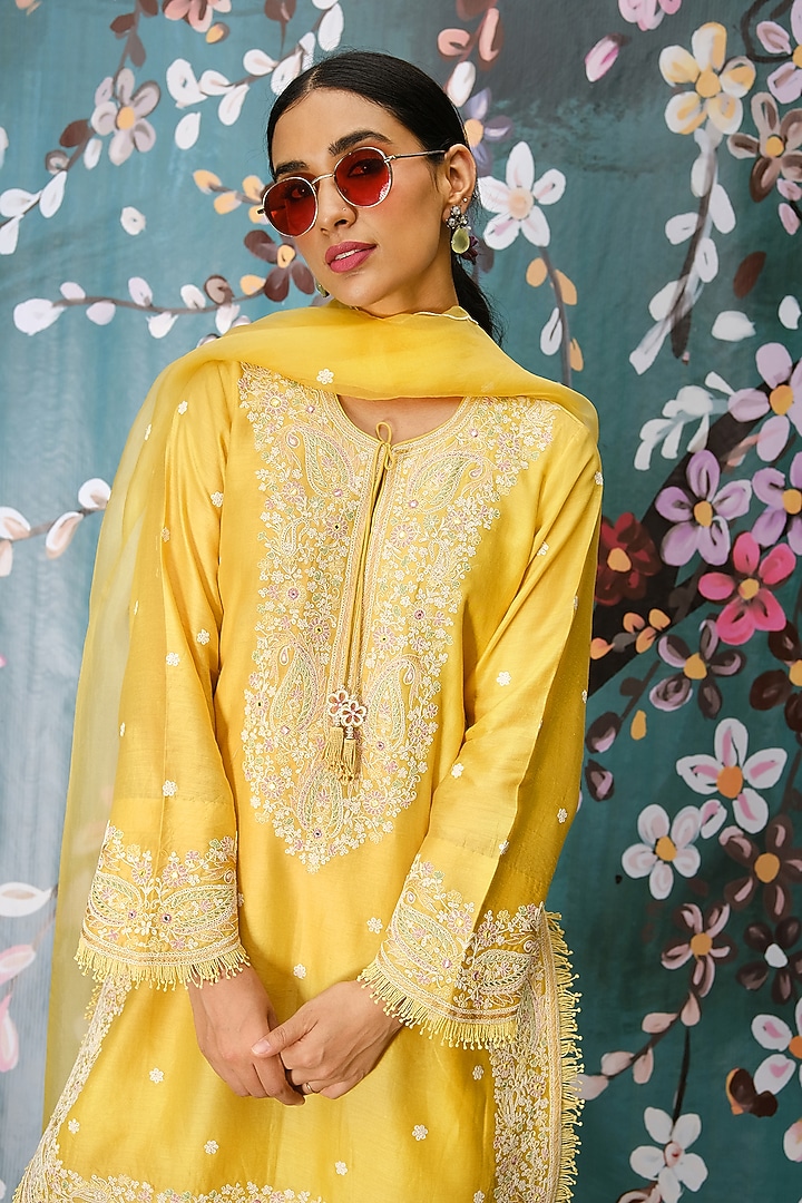 Yellow Chanderi Embroidered Wedding Sharara Set by Niti Bothra at Pernia's Pop Up Shop