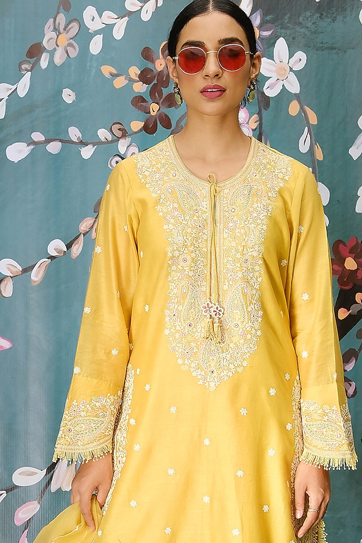 Yellow Chanderi Embroidered Wedding Sharara Set by Niti Bothra at Pernia's Pop Up Shop