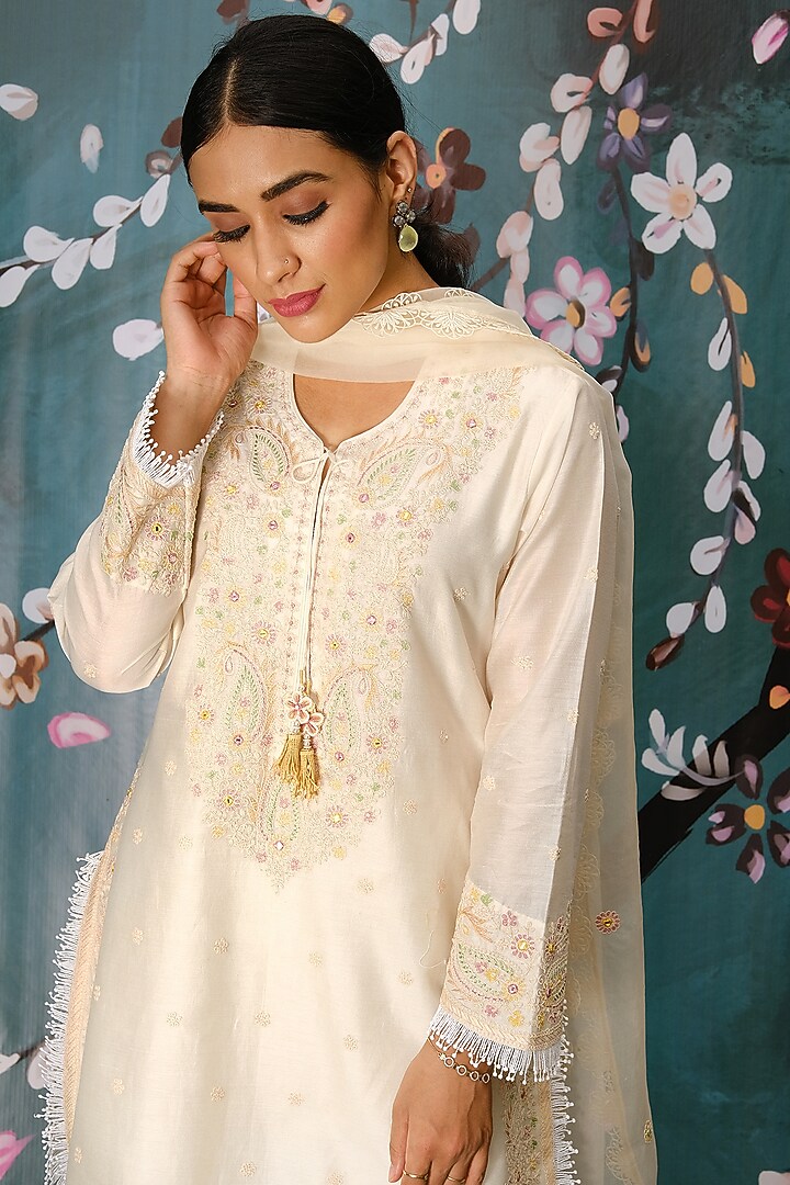 Ivory Chanderi Embroidered Wedding Sharara Set by Niti Bothra at Pernia's Pop Up Shop