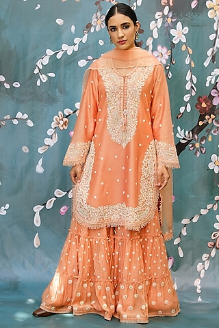Peach Chanderi Embroidered Sharara Set by Niti Bothra