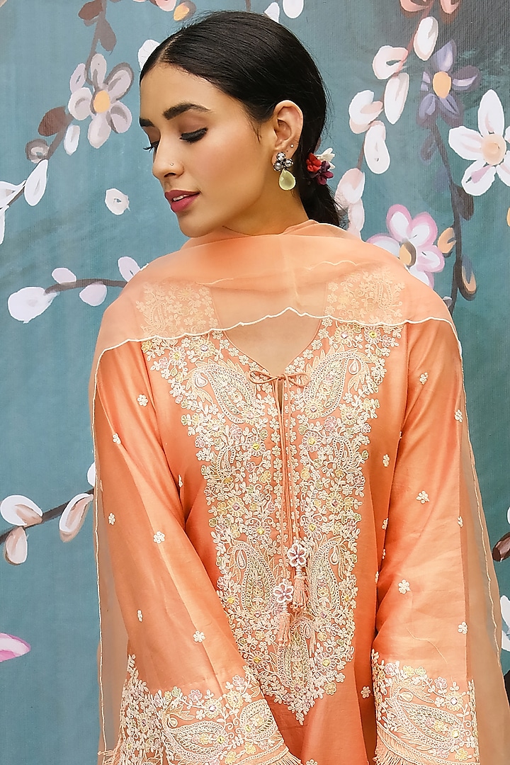 Peach Chanderi Embroidered Wedding Sharara Set by Niti Bothra at Pernia's Pop Up Shop