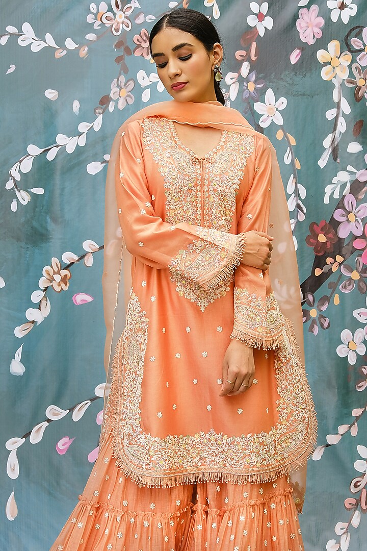 Peach Chanderi Embroidered Wedding Sharara Set by Niti Bothra at Pernia's Pop Up Shop