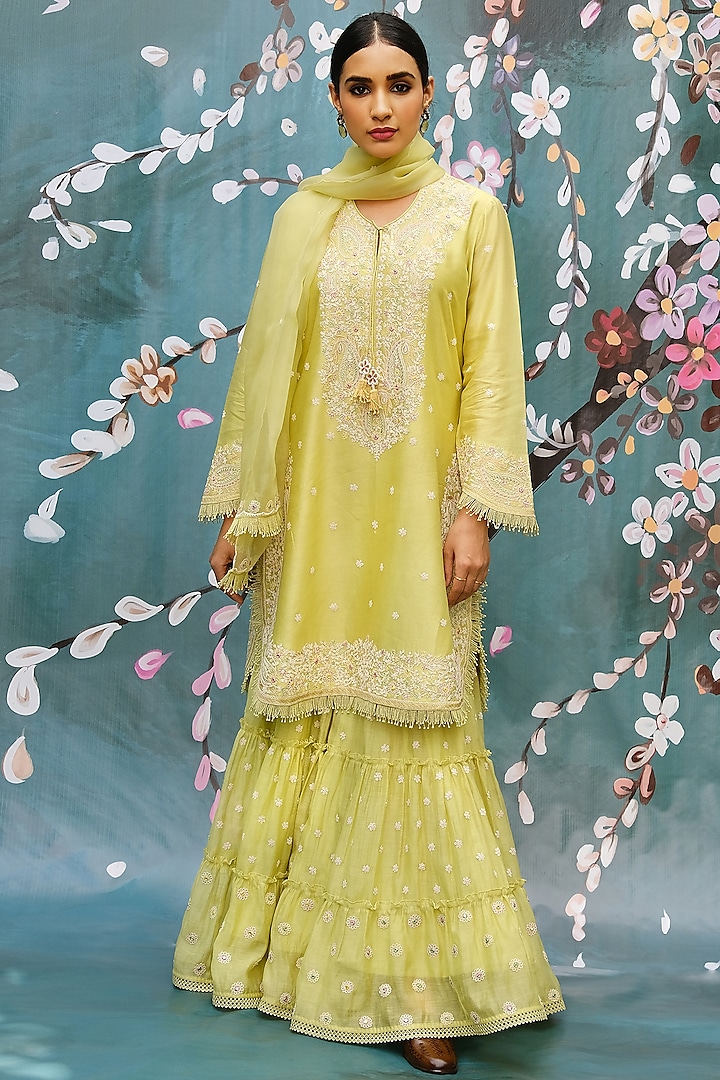 Mint Green Chanderi Embroidered Sharara Set by Niti Bothra