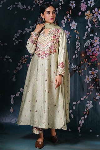 Mint Green Embroidered & Printed Kurta Set by Niti Bothra