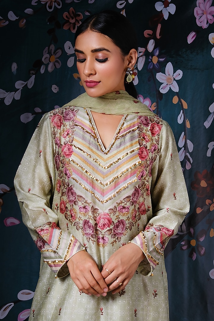 Mint Green Embroidered & Printed Kurta Set by Niti Bothra at Pernia's Pop Up Shop