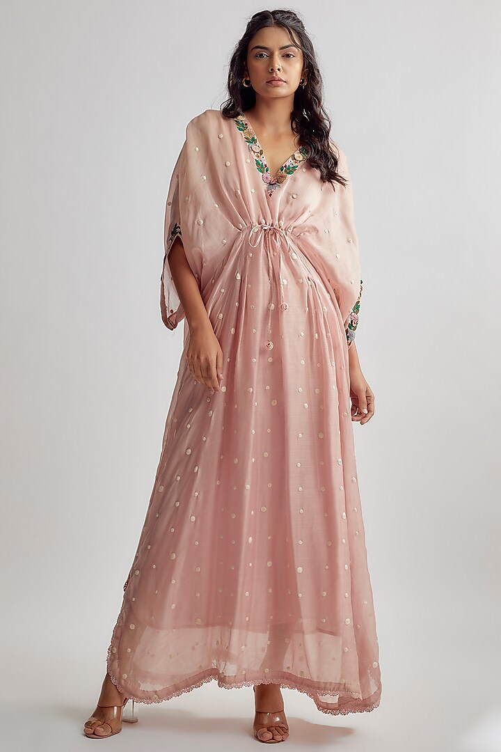 Pink Pure Handwoven Banarasi Silk Embroidered Kaftan by Niti Bothra