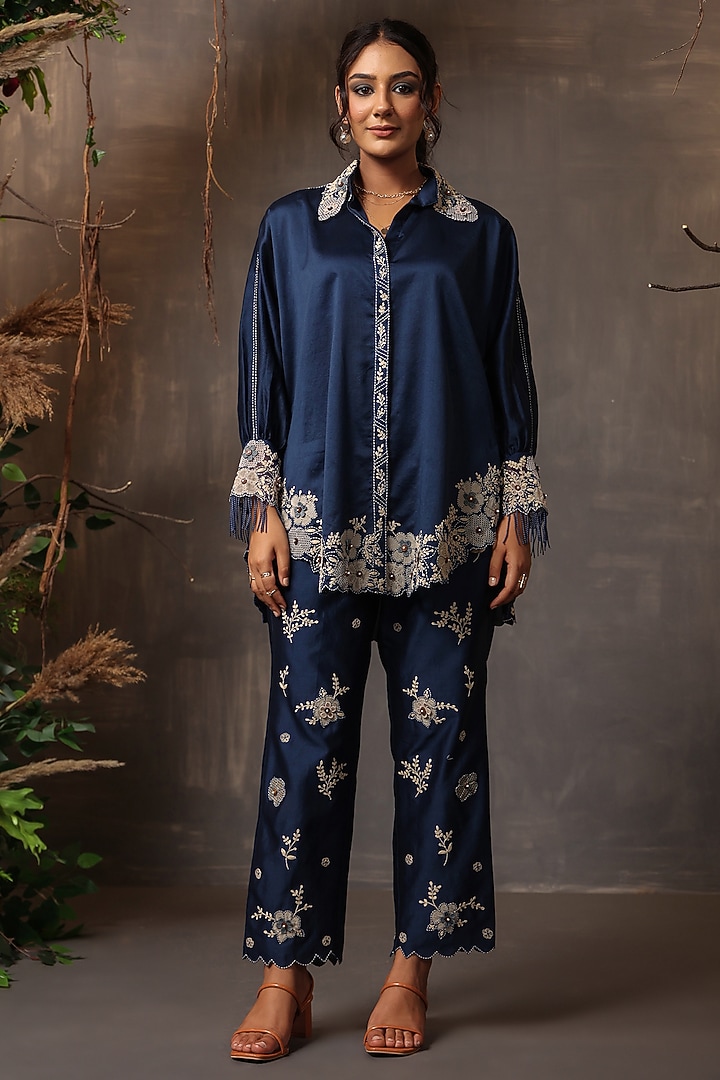Dark Blue Chanderi Silk Applique & Cutwork Embroidered Co-Ord Set by Niti Bothra at Pernia's Pop Up Shop