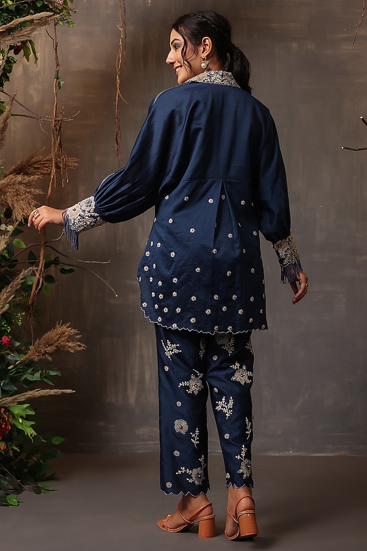 Dark Blue Chanderi Silk Applique & Cutwork Embroidered Co-Ord Set by Niti Bothra at Pernia's Pop Up Shop