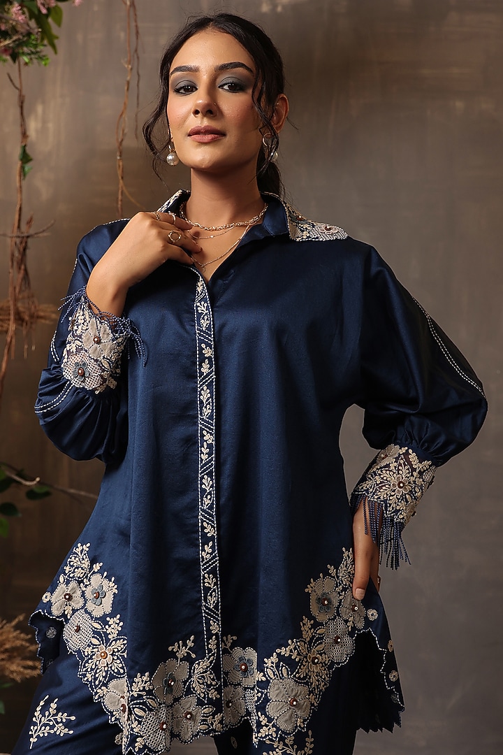 Dark Blue Chanderi Silk Applique & Cutwork Embroidered Co-Ord Set by Niti Bothra at Pernia's Pop Up Shop