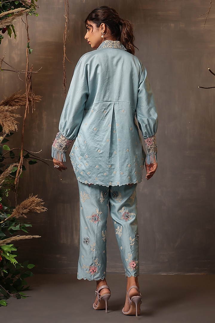 Light Blue Chanderi Silk Applique & Cutwork Embroidered Co-Ord Set by Niti Bothra at Pernia's Pop Up Shop