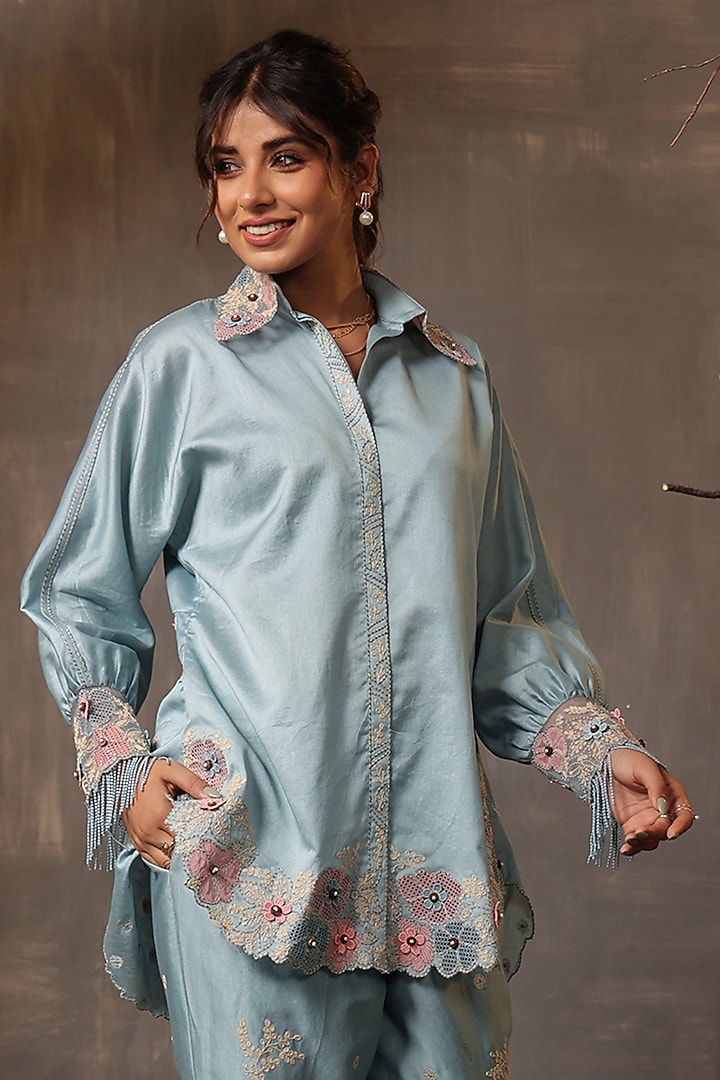 Light Blue Chanderi Silk Applique & Cutwork Embroidered Co-Ord Set by Niti Bothra at Pernia's Pop Up Shop
