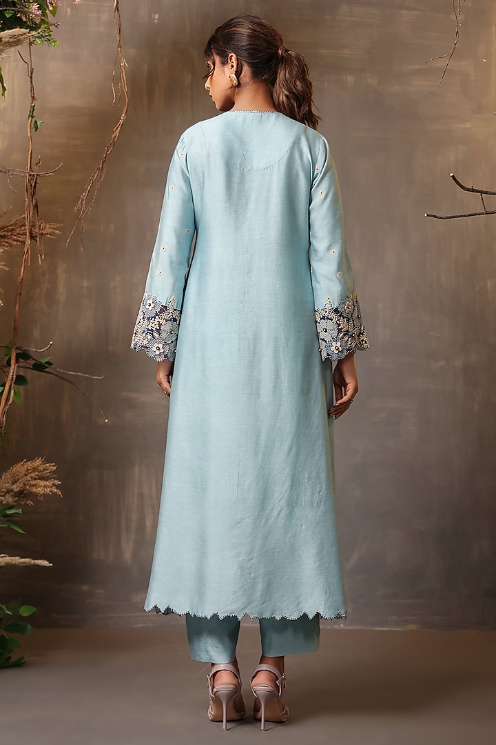 Light Blue Chanderi Silk Applique & Cutwork Embroidered Kurta Set by Niti Bothra at Pernia's Pop Up Shop