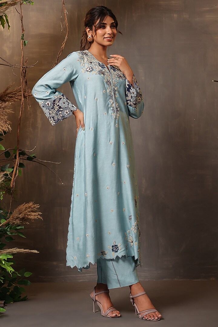 Light Blue Chanderi Silk Applique & Cutwork Embroidered Kurta Set by Niti Bothra at Pernia's Pop Up Shop