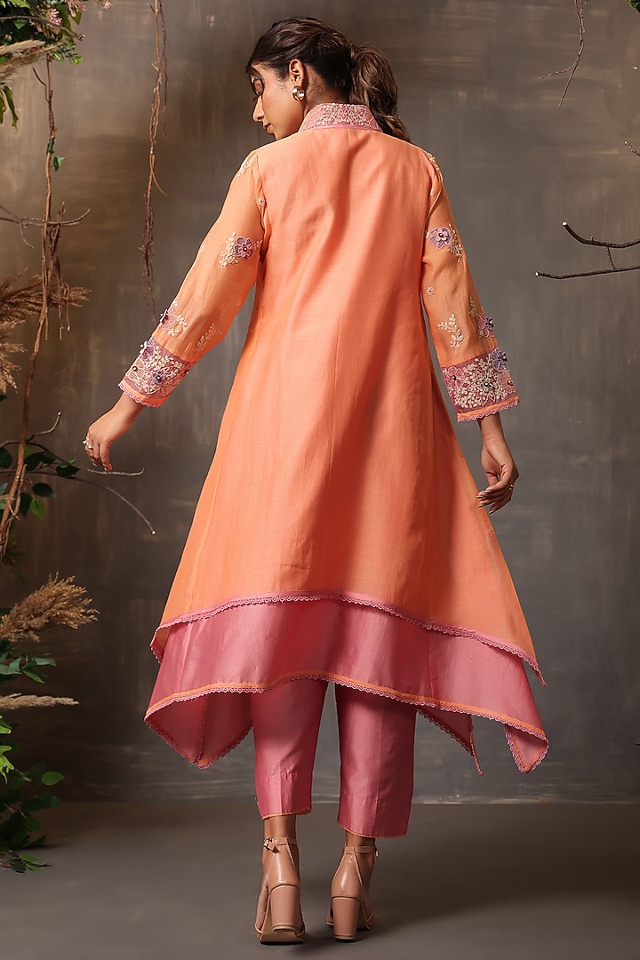 Peach & Pink Chanderi Silk Applique Embroidered Layered Kurta Set by Niti Bothra at Pernia's Pop Up Shop