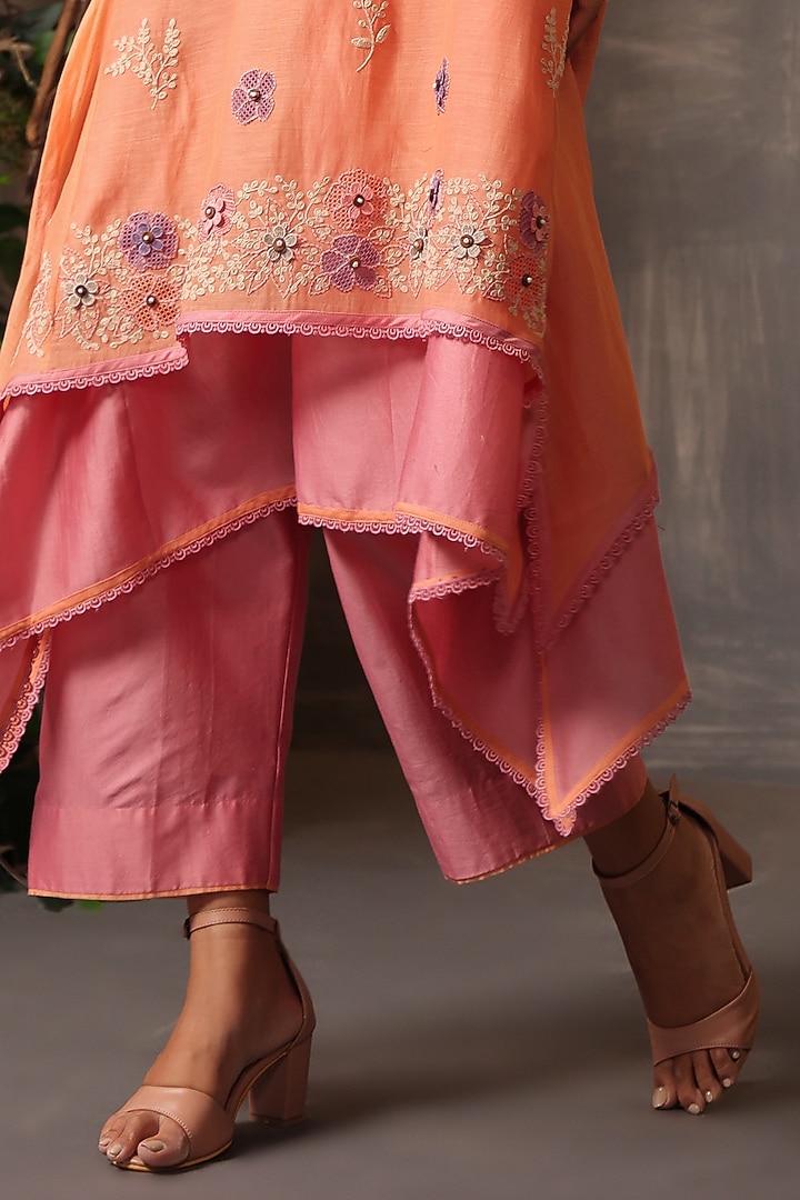 Peach & Pink Chanderi Silk Applique Embroidered Layered Kurta Set by Niti Bothra at Pernia's Pop Up Shop
