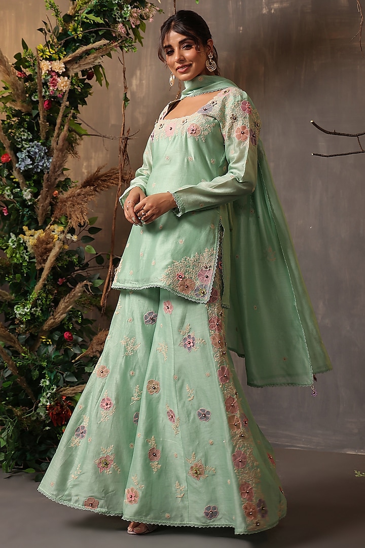 Sea Green Chanderi Silk Applique & Cutwork Embroidered Sharara Set by Niti Bothra at Pernia's Pop Up Shop