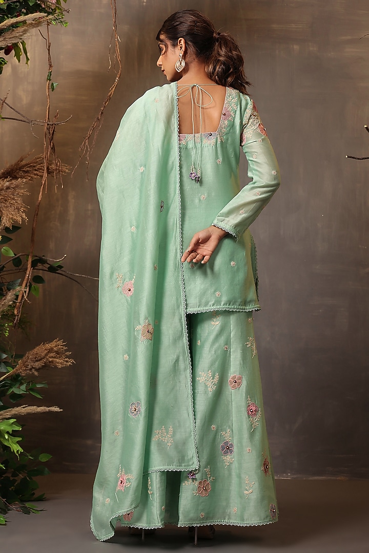 Sea Green Chanderi Silk Applique & Cutwork Embroidered Wedding Sharara Set by Niti Bothra at Pernia's Pop Up Shop