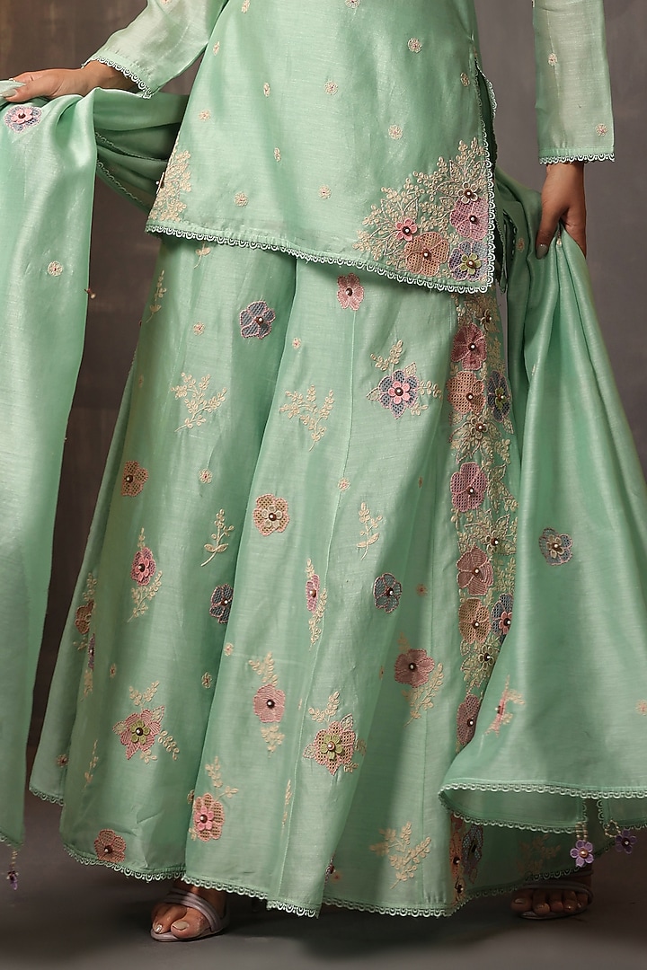 Sea Green Chanderi Silk Applique & Cutwork Embroidered Wedding Sharara Set by Niti Bothra at Pernia's Pop Up Shop