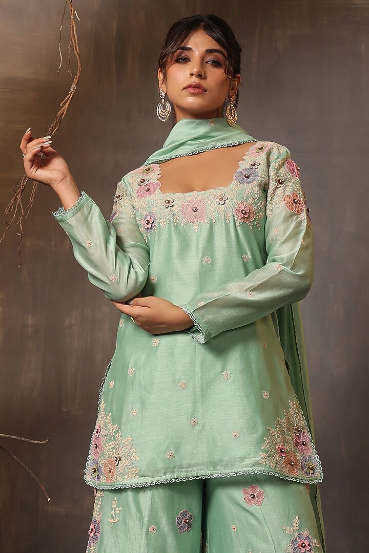 Sea Green Chanderi Silk Applique & Cutwork Embroidered Wedding Sharara Set by Niti Bothra at Pernia's Pop Up Shop