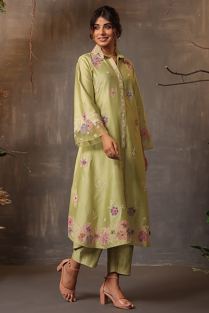 Mint Green Chanderi Silk Applique Embroidered Co-Ord Set by Niti Bothra at Pernia's Pop Up Shop