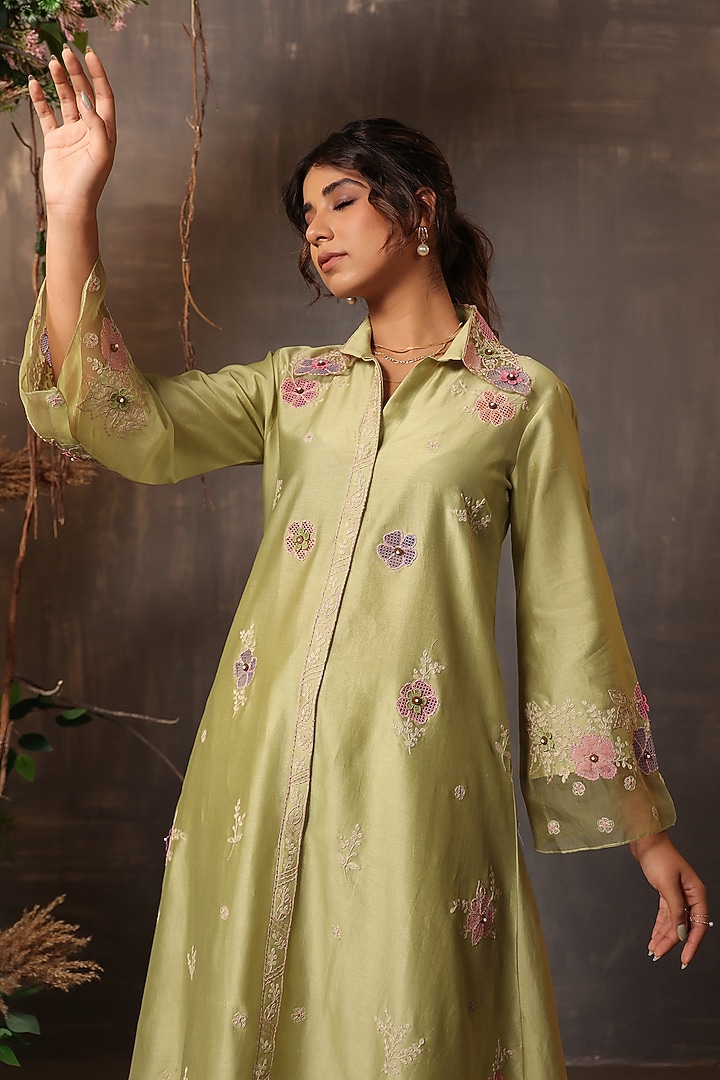 Mint Green Chanderi Silk Applique Embroidered Co-Ord Set by Niti Bothra at Pernia's Pop Up Shop