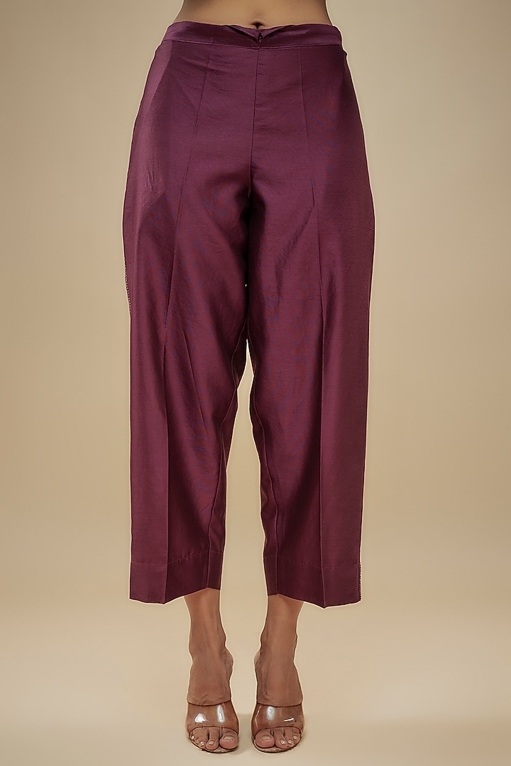Wine Chanderi Silk Applique Embroidered Kurta Set by Niti Bothra at Pernia's Pop Up Shop