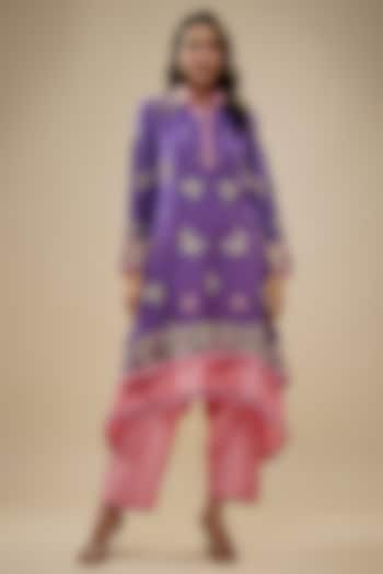 Purple Chanderi Silk Applique Embroidered Layered Kurta Set by Niti Bothra at Pernia's Pop Up Shop