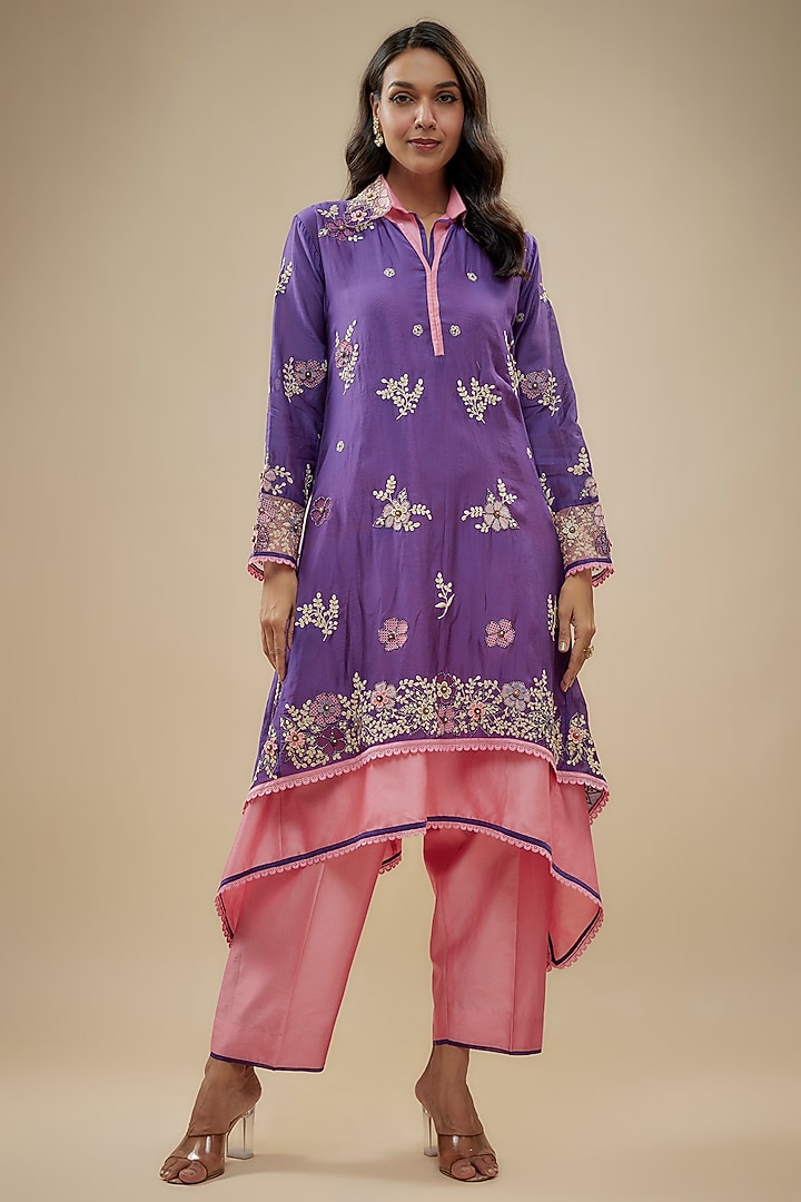 Purple Chanderi Silk Applique Embroidered Layered Kurta Set by Niti Bothra at Pernia's Pop Up Shop