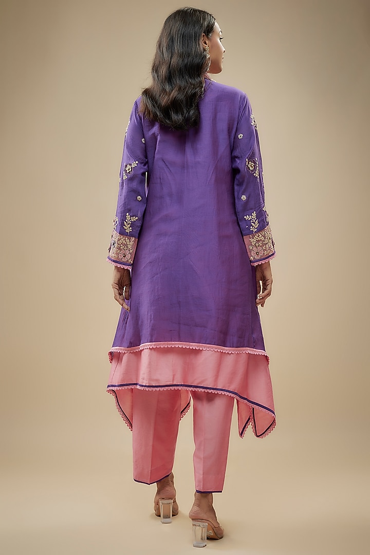 Purple Chanderi Silk Applique Embroidered Layered Kurta Set by Niti Bothra at Pernia's Pop Up Shop
