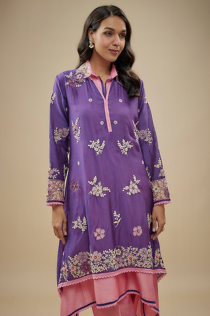Purple Chanderi Silk Applique Embroidered Layered Kurta Set by Niti Bothra at Pernia's Pop Up Shop