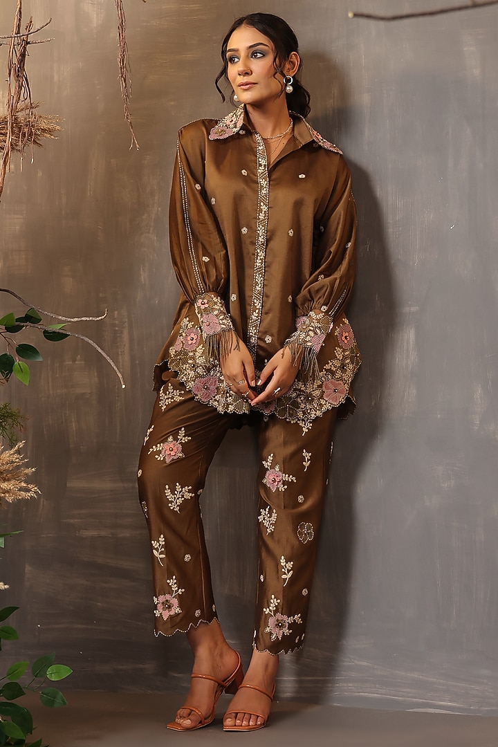 Olive Green Chanderi Silk Applique & Cutwork Embroidered Co-Ord Set by Niti Bothra at Pernia's Pop Up Shop