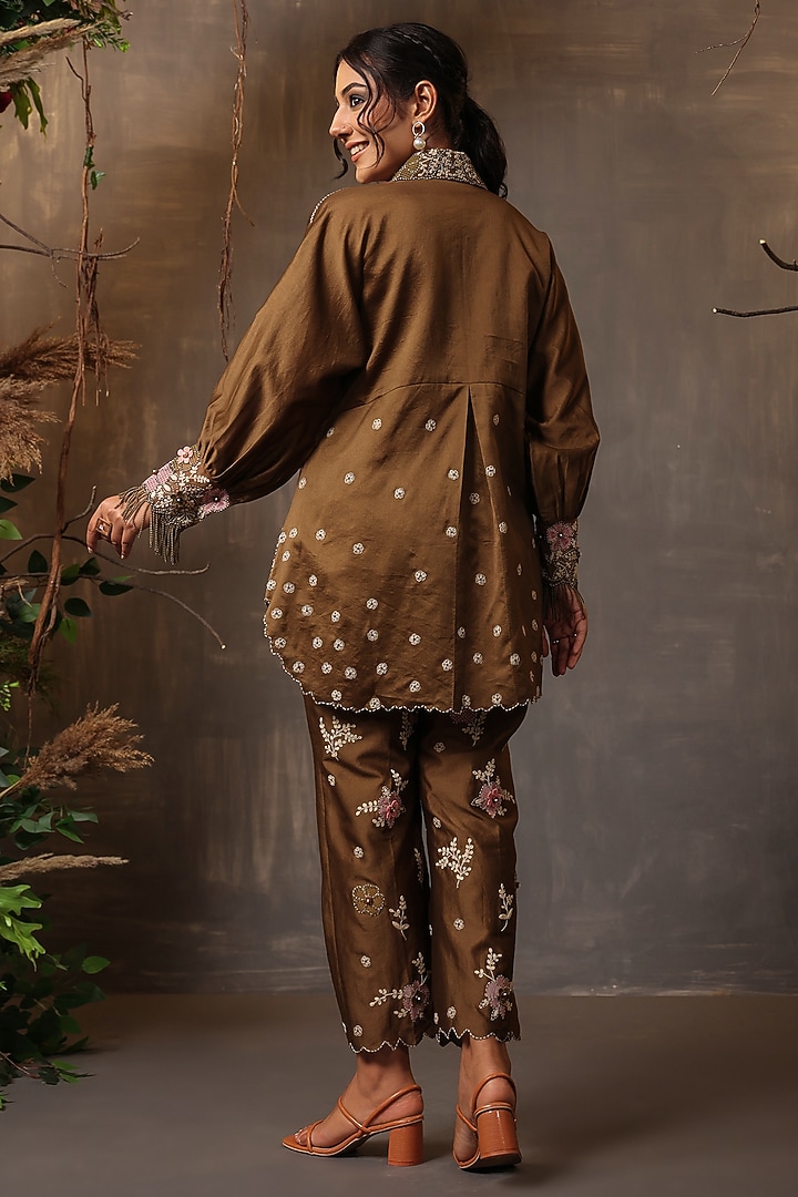 Olive Green Chanderi Silk Applique & Cutwork Embroidered Co-Ord Set by Niti Bothra at Pernia's Pop Up Shop