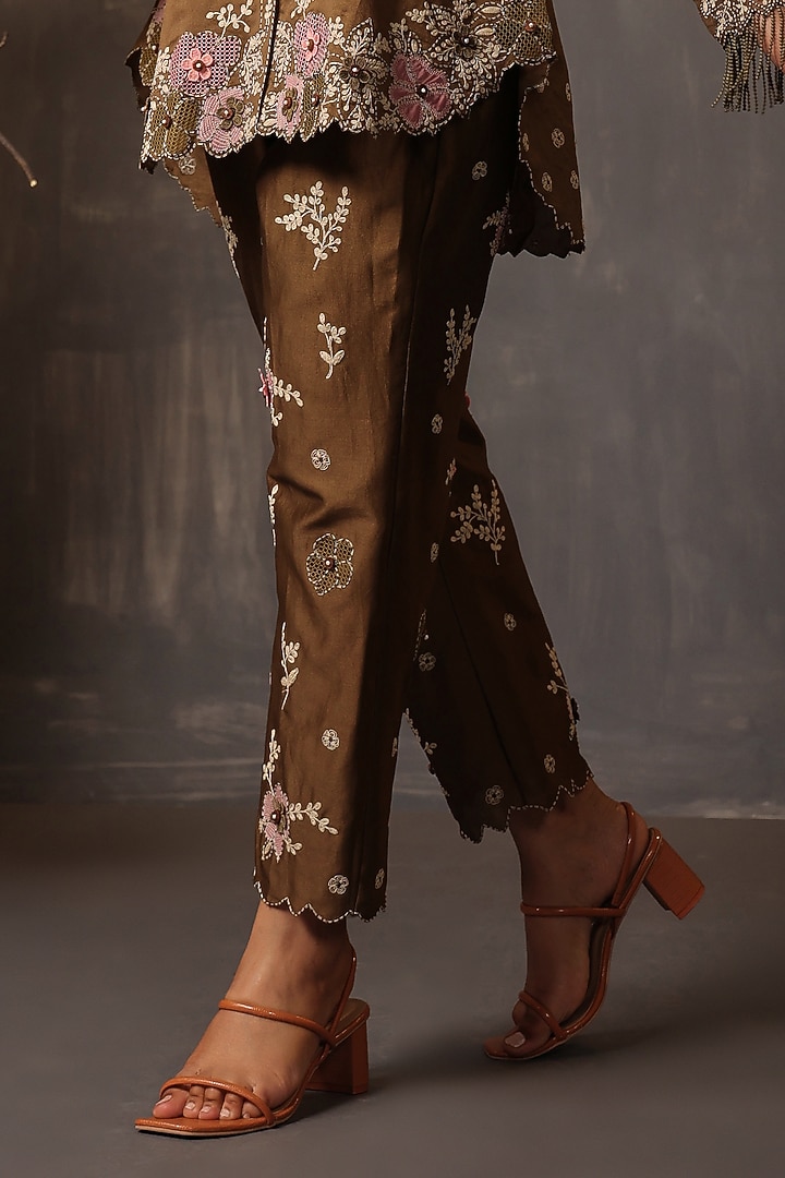 Olive Green Chanderi Silk Applique & Cutwork Embroidered Co-Ord Set by Niti Bothra at Pernia's Pop Up Shop