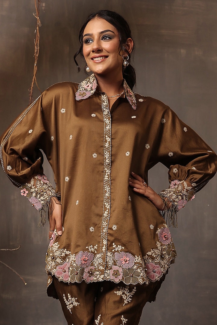 Olive Green Chanderi Silk Applique & Cutwork Embroidered Co-Ord Set by Niti Bothra at Pernia's Pop Up Shop