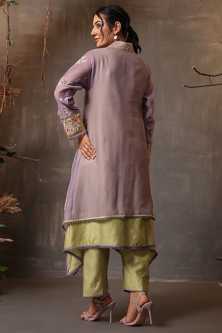 Lilac & Mint Green Chanderi Silk Applique Embroidered Layered Kurta Set by Niti Bothra at Pernia's Pop Up Shop