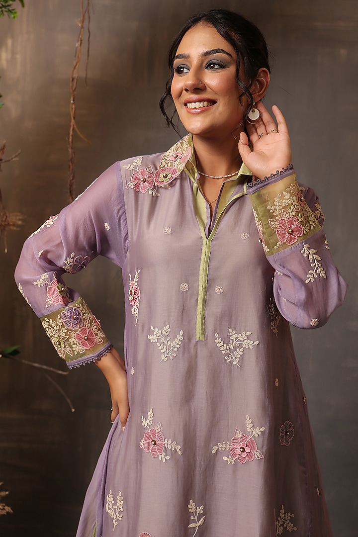 Lilac & Mint Green Chanderi Silk Applique Embroidered Layered Kurta Set by Niti Bothra at Pernia's Pop Up Shop