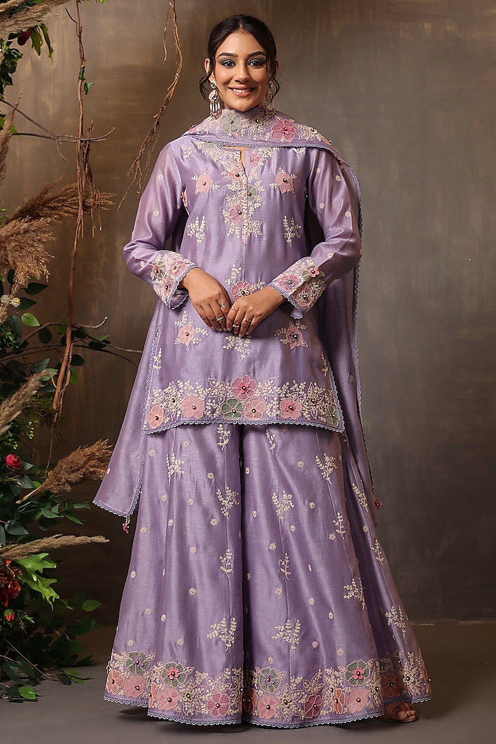 Lilac Chanderi Silk Applique & Cutwork Embroidered Wedding Sharara Set by Niti Bothra at Pernia's Pop Up Shop