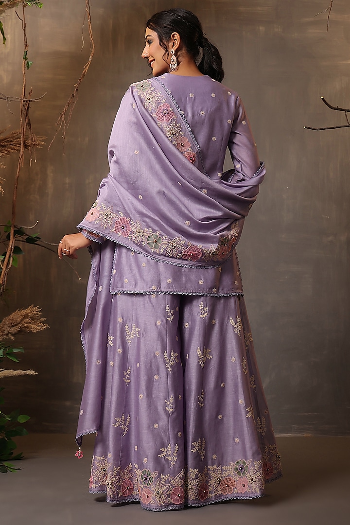 Lilac Chanderi Silk Applique & Cutwork Embroidered Wedding Sharara Set by Niti Bothra at Pernia's Pop Up Shop