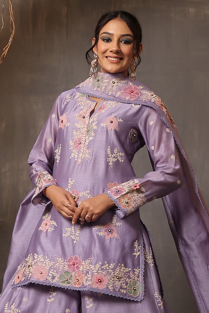 Lilac Chanderi Silk Applique & Cutwork Embroidered Wedding Sharara Set by Niti Bothra at Pernia's Pop Up Shop