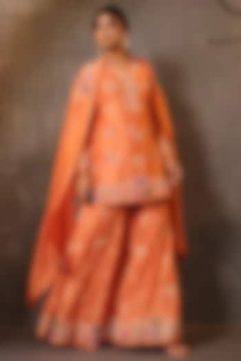 Peach Chanderi Silk Applique & Cutwork Embroidered Sharara Set by Niti Bothra