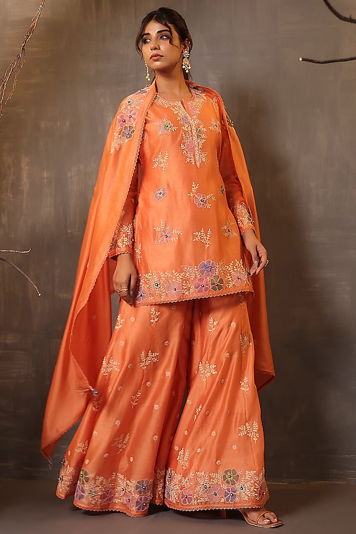 Peach Chanderi Silk Applique & Cutwork Embroidered Sharara Set by Niti Bothra