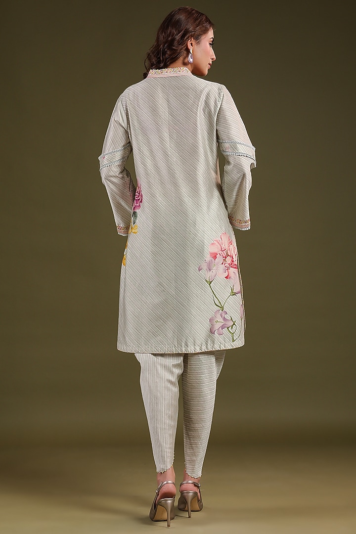 Sage Green Silk Chanderi Printed & Thread Embroidered Short Kurta Set by Niti Bothra at Pernia's Pop Up Shop