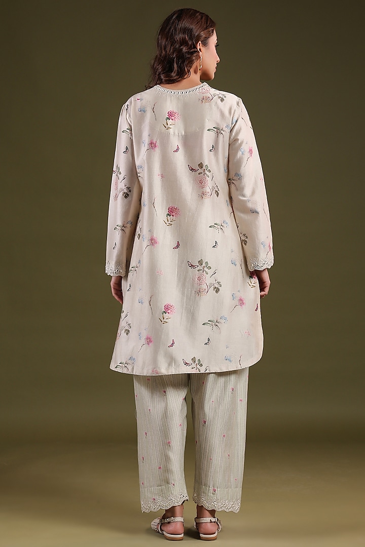 Ivory Silk Chanderi Printed & Mirror Embroidered Short Kurta Set by Niti Bothra at Pernia's Pop Up Shop