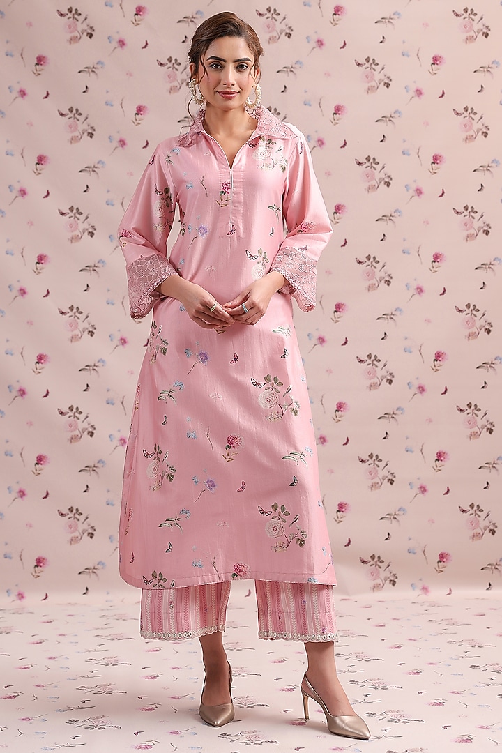 Light Pink Silk Chanderi Printed & Mirror Embroidered Kurta Set by Niti Bothra at Pernia's Pop Up Shop