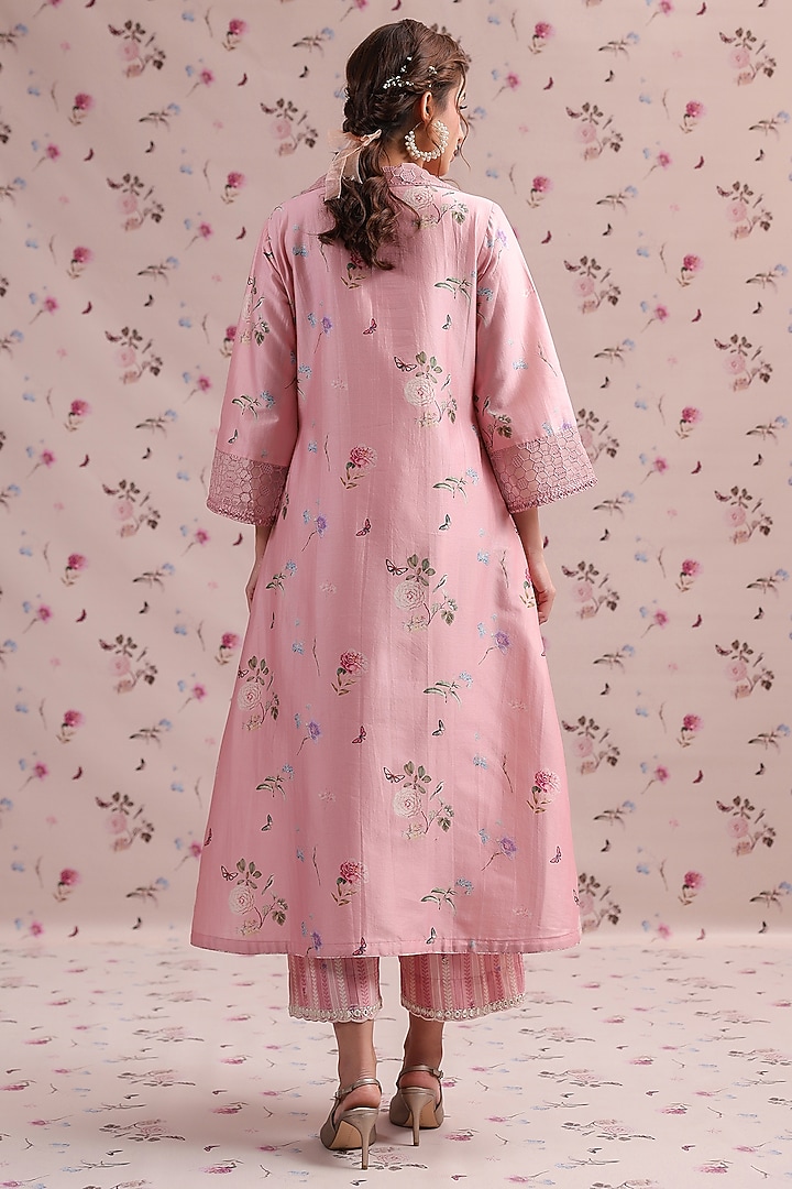Light Pink Silk Chanderi Printed & Mirror Embroidered Kurta Set by Niti Bothra at Pernia's Pop Up Shop