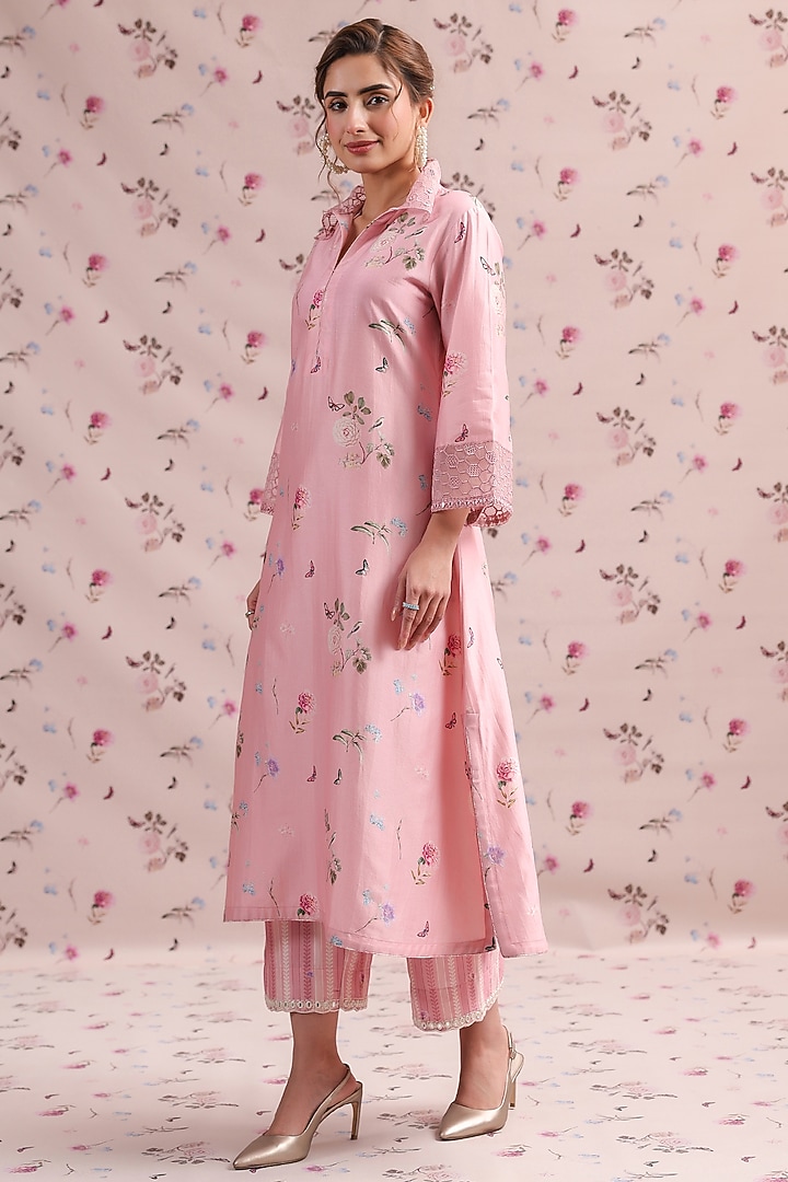 Light Pink Silk Chanderi Printed & Mirror Embroidered Kurta Set by Niti Bothra at Pernia's Pop Up Shop