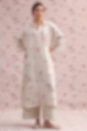 Ivory Silk Chanderi Printed & Embroidered Kurta Set by Niti Bothra at Pernia's Pop Up Shop