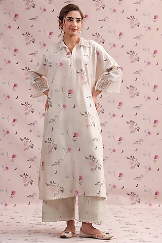 Ivory Silk Chanderi Printed & Embroidered Kurta Set by Niti Bothra